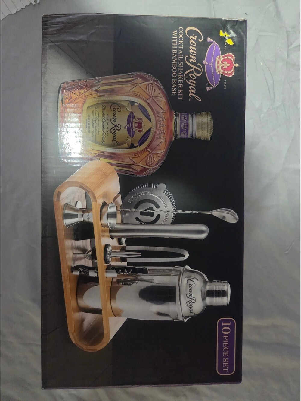 Crown Royal Cocktail Shaker Set 10 Piece Stainless Steel Bar Tools Bamboo Stand